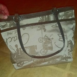 Coach signature khaki satin horse carriage designer shoulder bag / tote